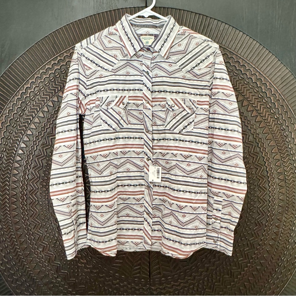 Panhandle Rough Stock Pearl Snap Western Shirt Women's M Aztec Print Cowgirl NWT